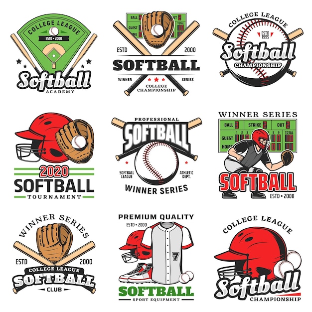 Torneo de softbol deporte juego vector iconos conjunto