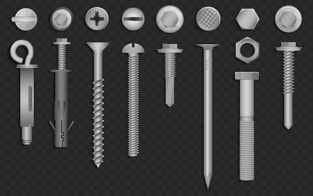 Tornillos 3d realistas, tuercas, pernos, remaches y clavos para fijación y fijación sobre fondo negro alfa transperant.