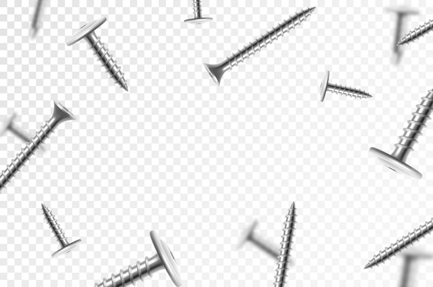 Los tornillos y pernos metálicos voladores aislados en un fondo transparente Muchos conceptos de caída de plata
