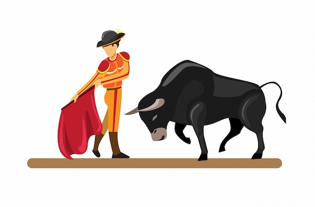 Toro de atracción tradicional español y matador en dibujos animados ilustración plana aislado