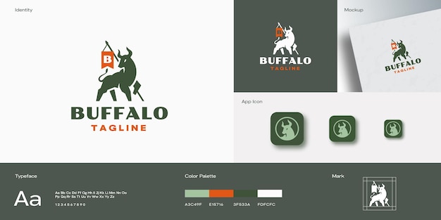 Toro con bandera lanza modelo de logotipo vectorial icona de búfalo silueta de buey con estandarte bisonte creativo