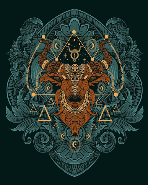 Toro, cabeza, tauro, zodíaco, símbolo, con, antiguo, grabado, ornament