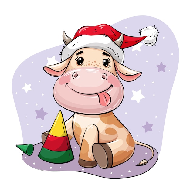 Vector toro de dibujos animados lindo con sombrero de santa jugando con la pirámide del árbol de navidad.