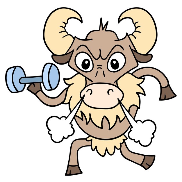 Toro enojado con una cara practicando fitness con una barra en la mano, arte de ilustración vectorial. imagen de icono de doodle kawaii.