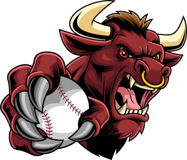 Toro enojado sosteniendo la mascota de la pelota de béisbol