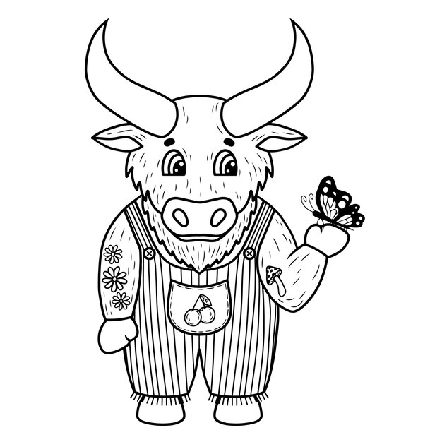 Toro de granja con arte vectorial de mariposa