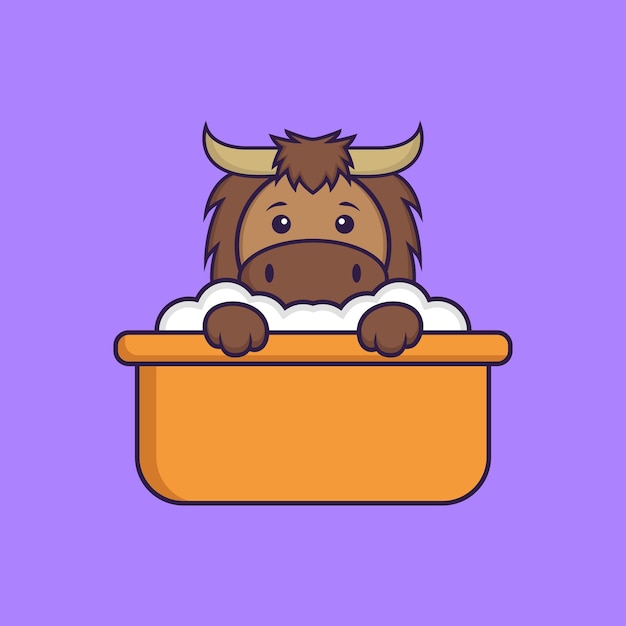 Toro lindo tomando un baño en la bañera Concepto de dibujos animados de animales aislado