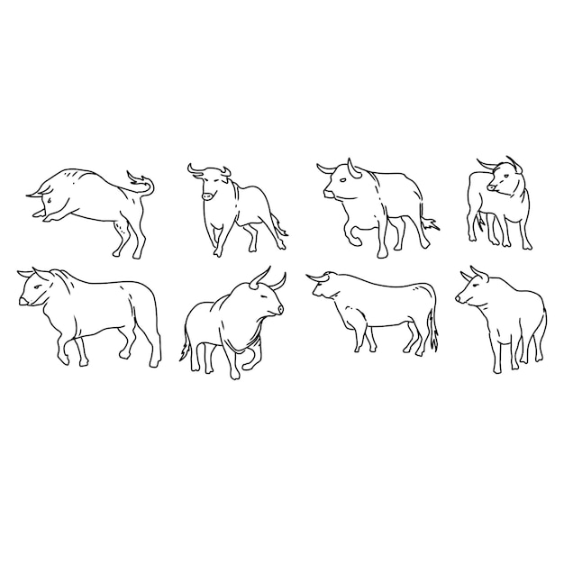 toro, mano, dibujado, garabato, ilustraciones, vector, conjunto