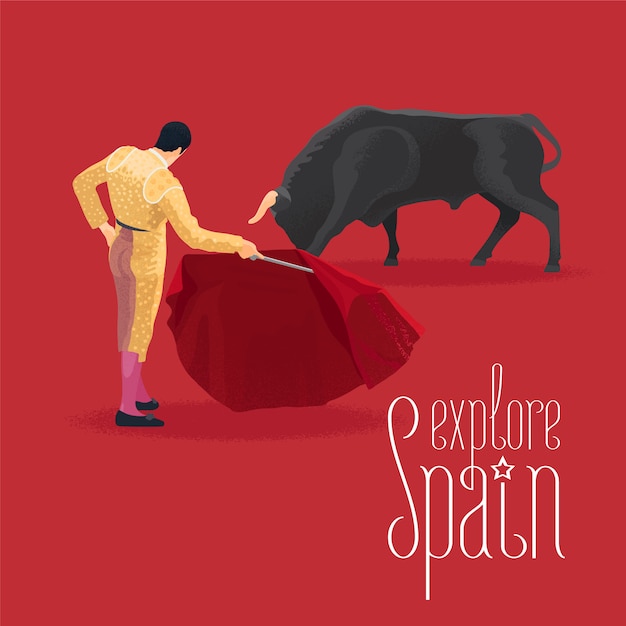 Toro y torero en la arena española durante la ilustración de rendimiento taurino