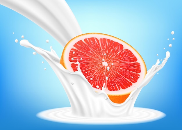 Toronja fresca en un chorrito de leche sobre un fondo azul la mitad de la toronja cae en la salpicadura de crema agria de yogur de leche ilustración vectorial 3d realista