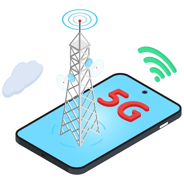 Torre celular isométrica 5G que conecta el teléfono inteligente