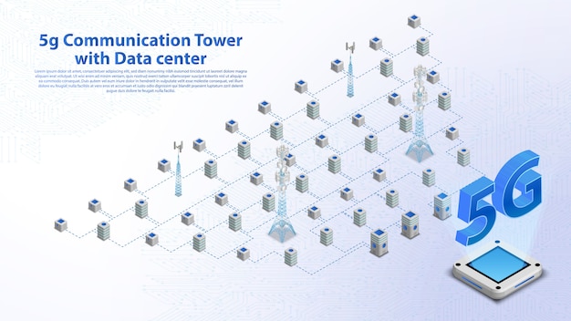 Torre de comunicación 5g internet inalámbrico hispeed con banner de centro de datos