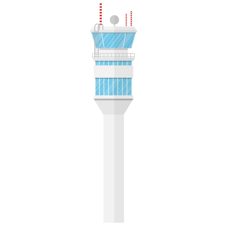 Torre de controlador de tráfico aéreo aislada en diseño minimalista