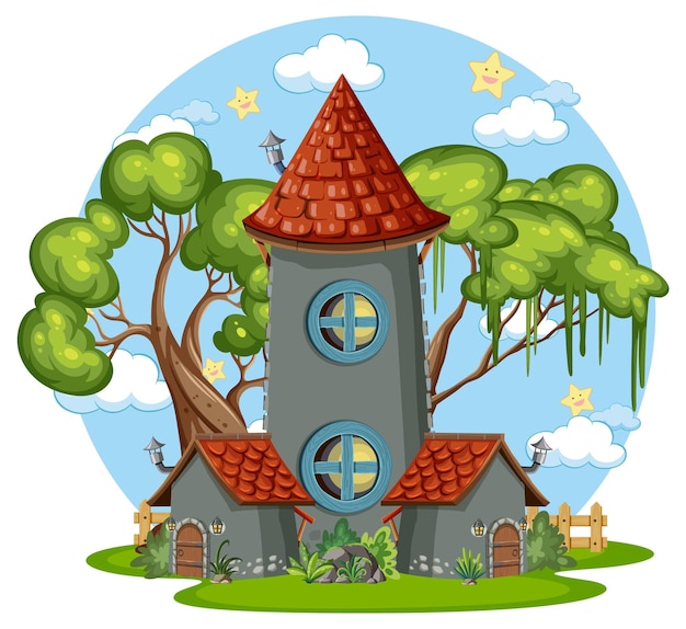 Vector torre de cuento de hadas decorada con árbol.