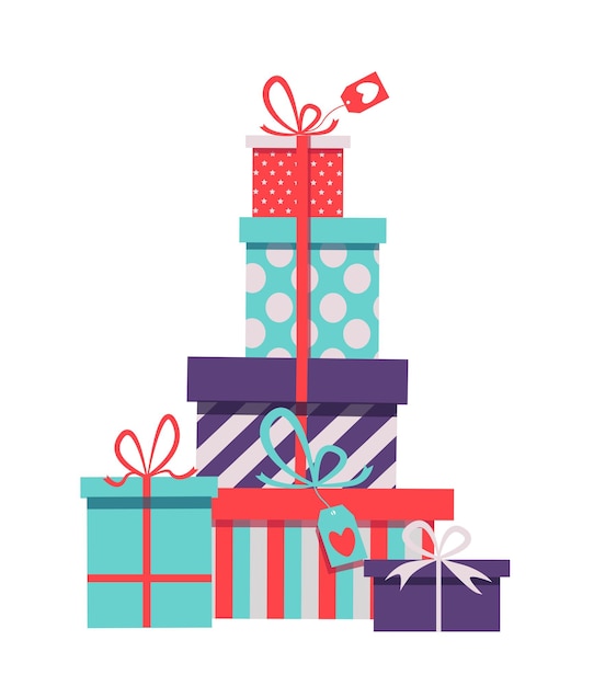 torre de diferentes regalos para las vacaciones en fondo blanco