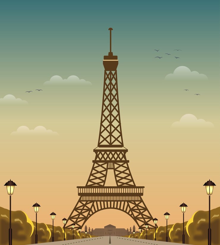 Vector torre eiffel al atardecer con ilustraciones de farolas callejeras