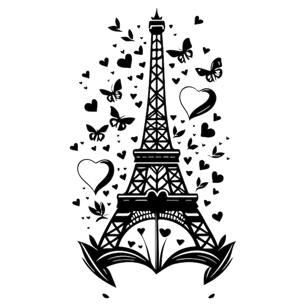 La Torre Eiffel con el corazón de amor de la mariposa Ilustración de San Valentín dibujado a mano