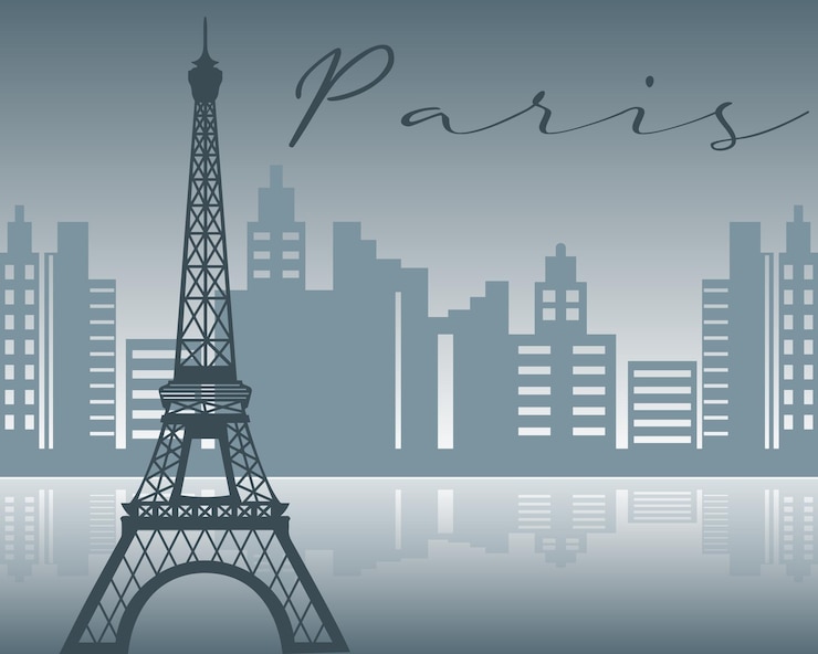 Vector torre eiffel francesa sobre el fondo de la arquitectura urbana y el río.ilustración, impresión