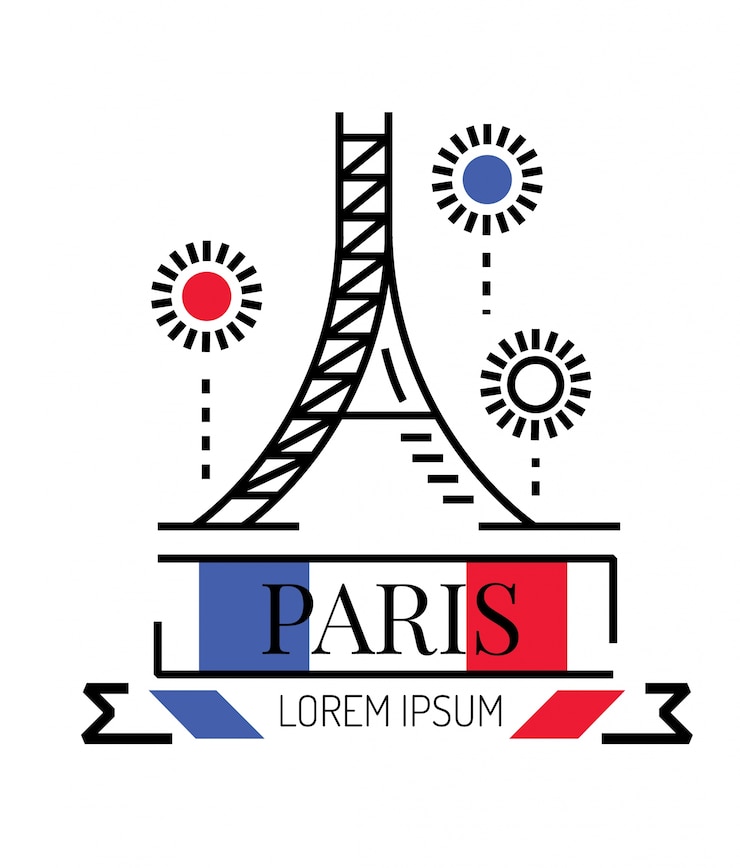 Vector torre eiffel con fuegos artificiales. línea logotipo plano y diseño de iconos. vector
