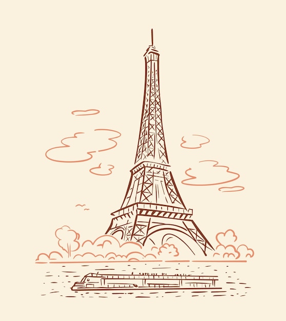 Vector torre eiffel en parís boceto terraplén del sena y tranvía fluvial ilustración de línea vectorial