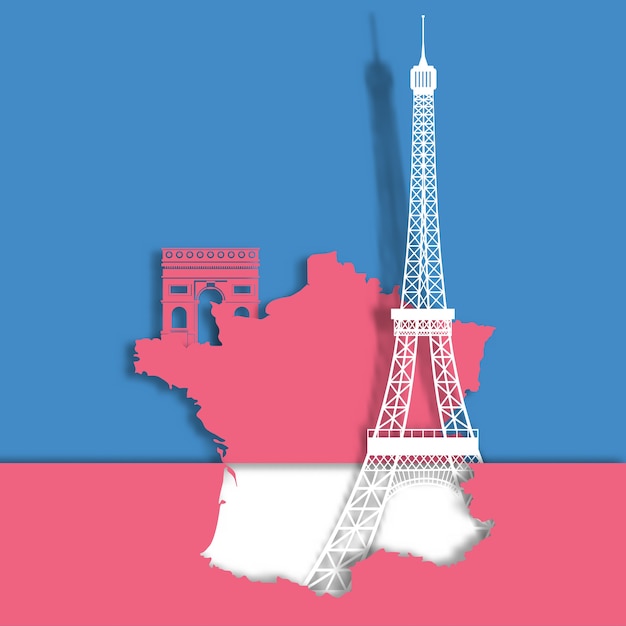 Torre Eiffel y punto de referencia en el estilo de corte de papel de mapa de Francia