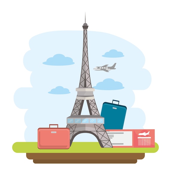 Torre Eiffel viaja con equipaje y pasaporte.