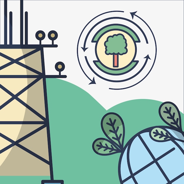 Vector torre de energía y planeta con hojas y símbolo de árbol