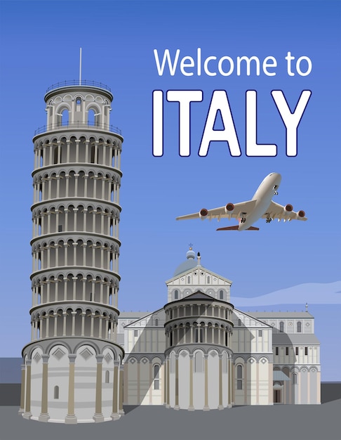 Torre inclinada de Pisa y un avión volador. Vector.