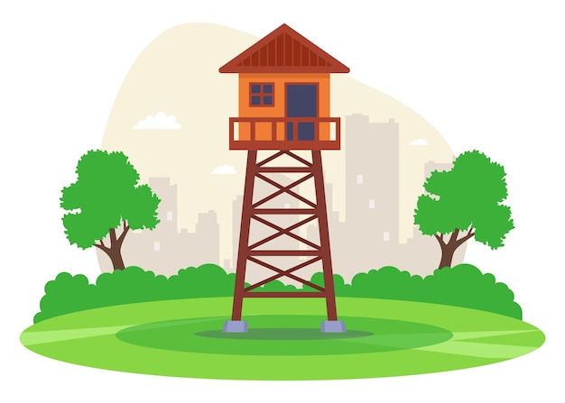 Torre de observación en un prado verde para proteger el territorio ilustración vectorial plana