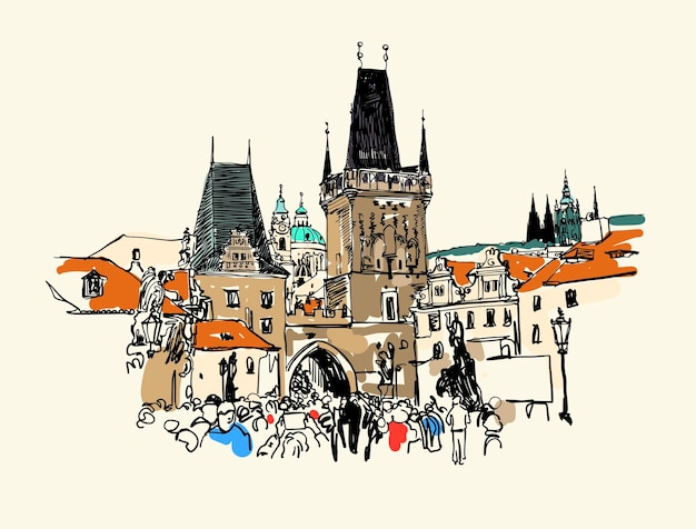 Torre del puente de carlos en dibujo de croquis de praga república checa