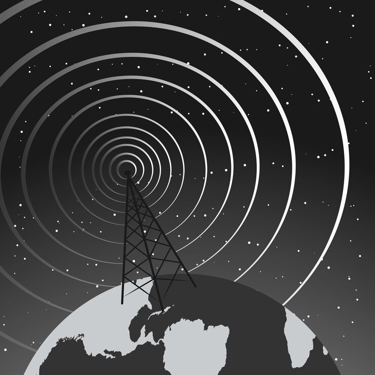 Vector torre de radio vintage global que transmite señales a la tierra y al espacio