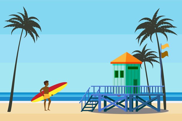Torre de salvavidas en la playa palmeras surfista costa océano mar vector paisaje tropical de verano