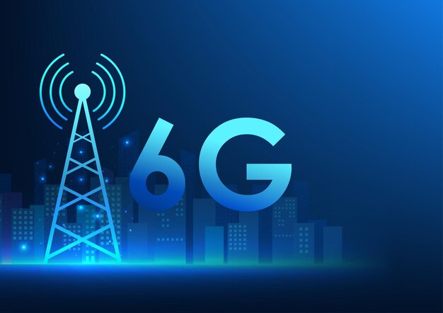 Torre de señal de tecnología de telecomunicaciones Detrás hay una ciudad inteligente con señal 6G que muestra
