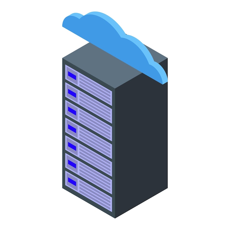 Vector torre de servidor cargando datos al sistema de computación en la nube