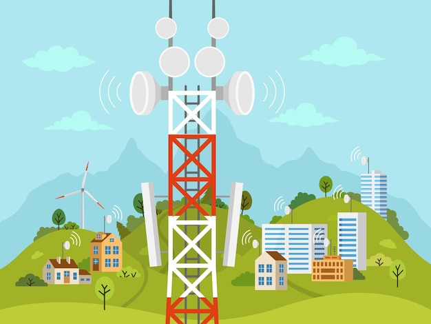 Torre de transmisión celular frente al paisaje. Conexión de señal de radio inalámbrica con casas y edificios a través de obstáculos. Torre de comunicaciones móviles con antenas de comunicación por satélite.