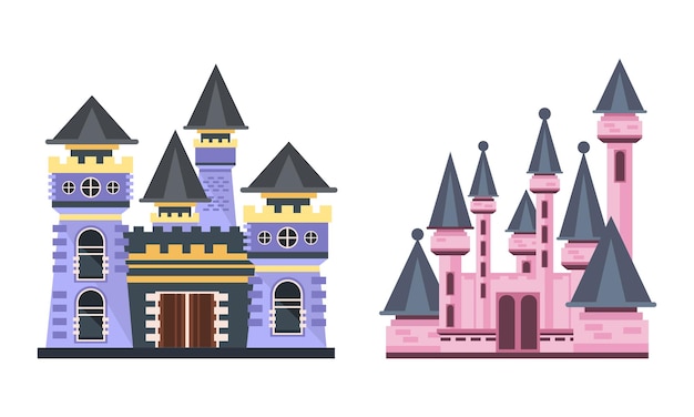 Las torres del castillo de la princesa de cuentos de hadas Coloridas fachadas de mansiones medievales Ilustración vectorial de dibujos animados