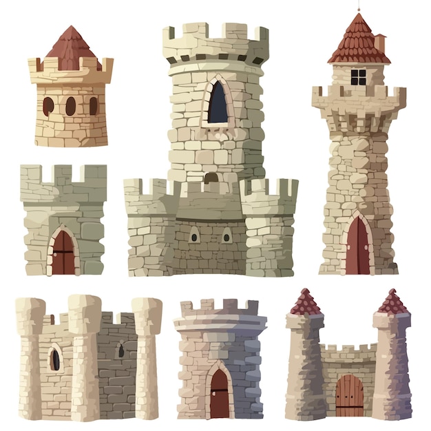 Vector torres de piedra altas con muros de castillo