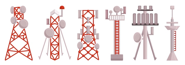 Vector torres de radio estructuras altas para la transmisión de señales equipadas con antenas para transmitir y recibir ondas de radio que facilitan la comunicación a largas distancias ilustración vectorial de dibujos animados