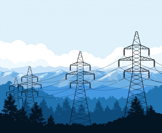 Vector torres tangentes en las montañas, torres de alta tensión, suministro de energía