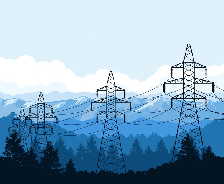 Vector torres tangentes en las montañas, torres de alta tensión, suministro de energía