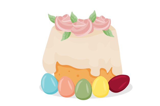 Torta casera de Pascua con huevos de colores aislados sobre un fondo blanco Ilustración vectorial