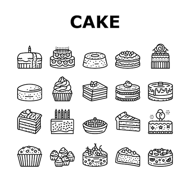 Torta cumpleaños comida postre fiesta iconos conjunto vector