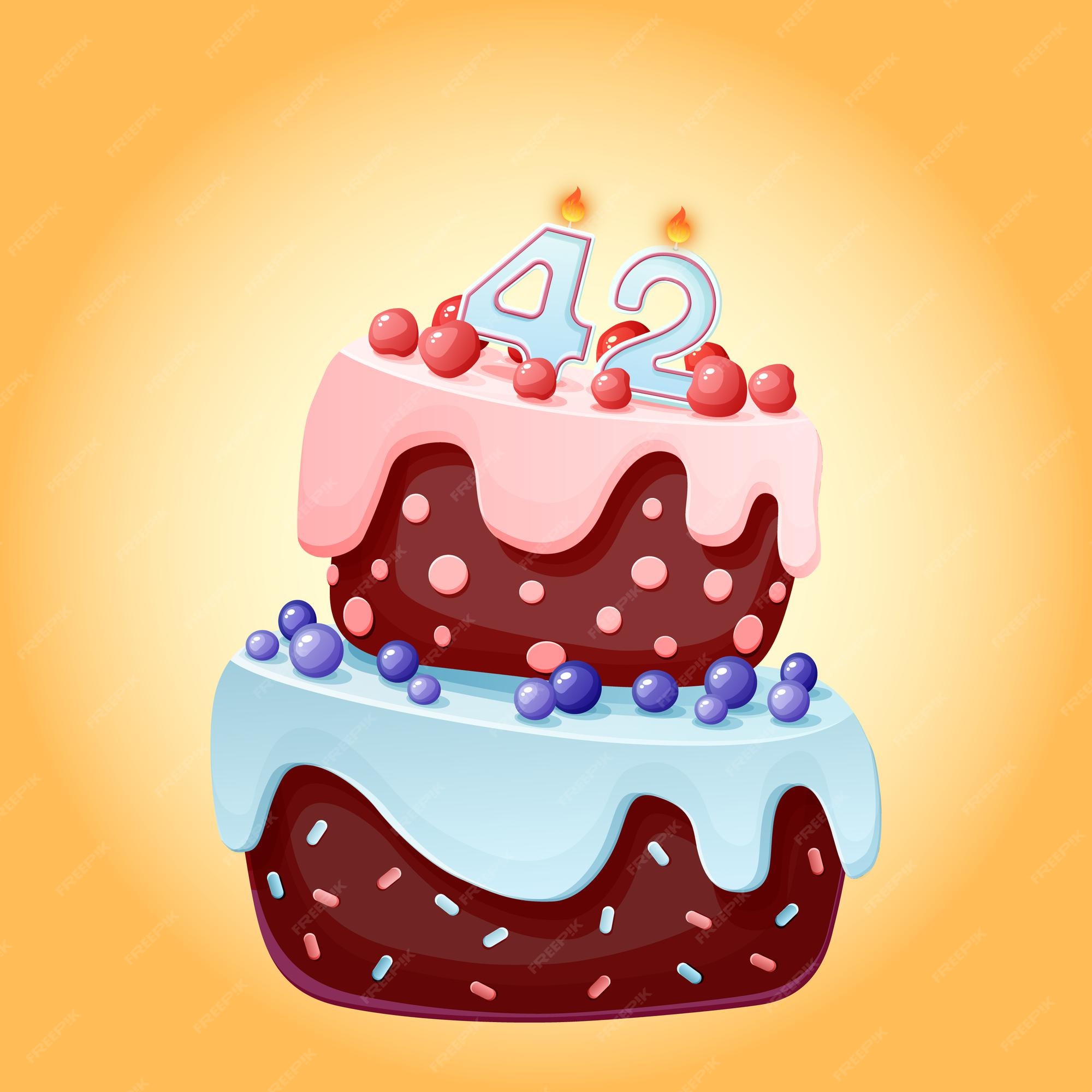 Torta de cumpleaños de cuarenta y dos años con velas número 42. imagen  vectorial festiva de dibujos animados lindo. galleta de chocolate con  frutos rojos, cerezas y arándanos. ilustración de feliz cumpleaños