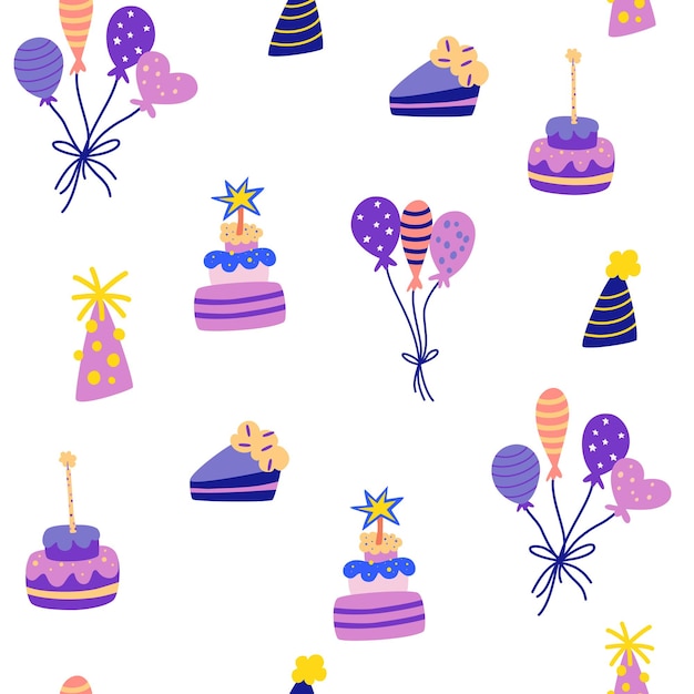 Torta de cumpleaños y globos de patrones sin fisuras. Elementos de fiesta, globo, pastel, vela, sombrero. Bueno para la decoración de fiestas infantiles. Genial para tela, textil. Ilustración de dibujos animados de vector