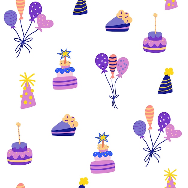 Torta de cumpleaños y globos de patrones sin fisuras. elementos de fiesta, globo, pastel, vela, sombrero. bueno para la decoración de fiestas infantiles. genial para tela, textil. ilustración de dibujos animados de vector