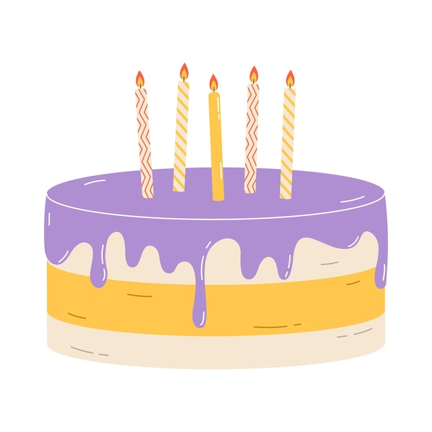 Torta de cumpleaños con velas Ilustración vectorial plana aislada sobre fondo blanco