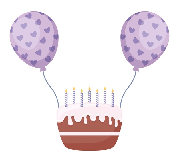 Torta dulce con velas y globos de helio.