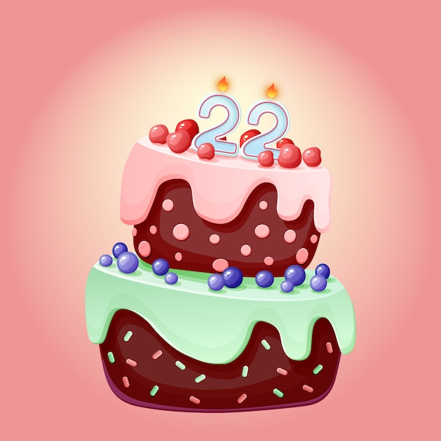 Torta festiva de 22 años de dibujos animados lindo cumpleaños con vela número veintidós. Galleta de chocolate con bayas, cerezas y arándanos. Para fiestas, aniversarios