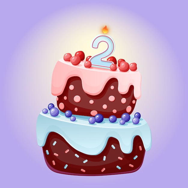 Vector torta festiva linda del feliz cumpleaños de 2 años de la historieta con la vela número dos. galleta de chocolate con moras, cerezas y arándanos.