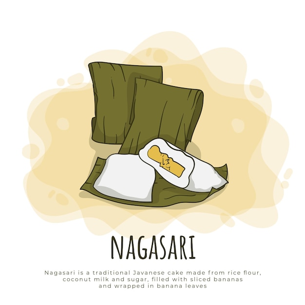 Torta nagasari en diseño de dibujos animados que está hecha de harina y plátanos y se puede encontrar en Indonesia